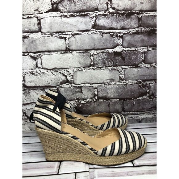 J.CREW Eloise Blue Striped Fabric Espadrilles Wedge Ankle Wrap Sandals Women 8M - Picture 3 of 16